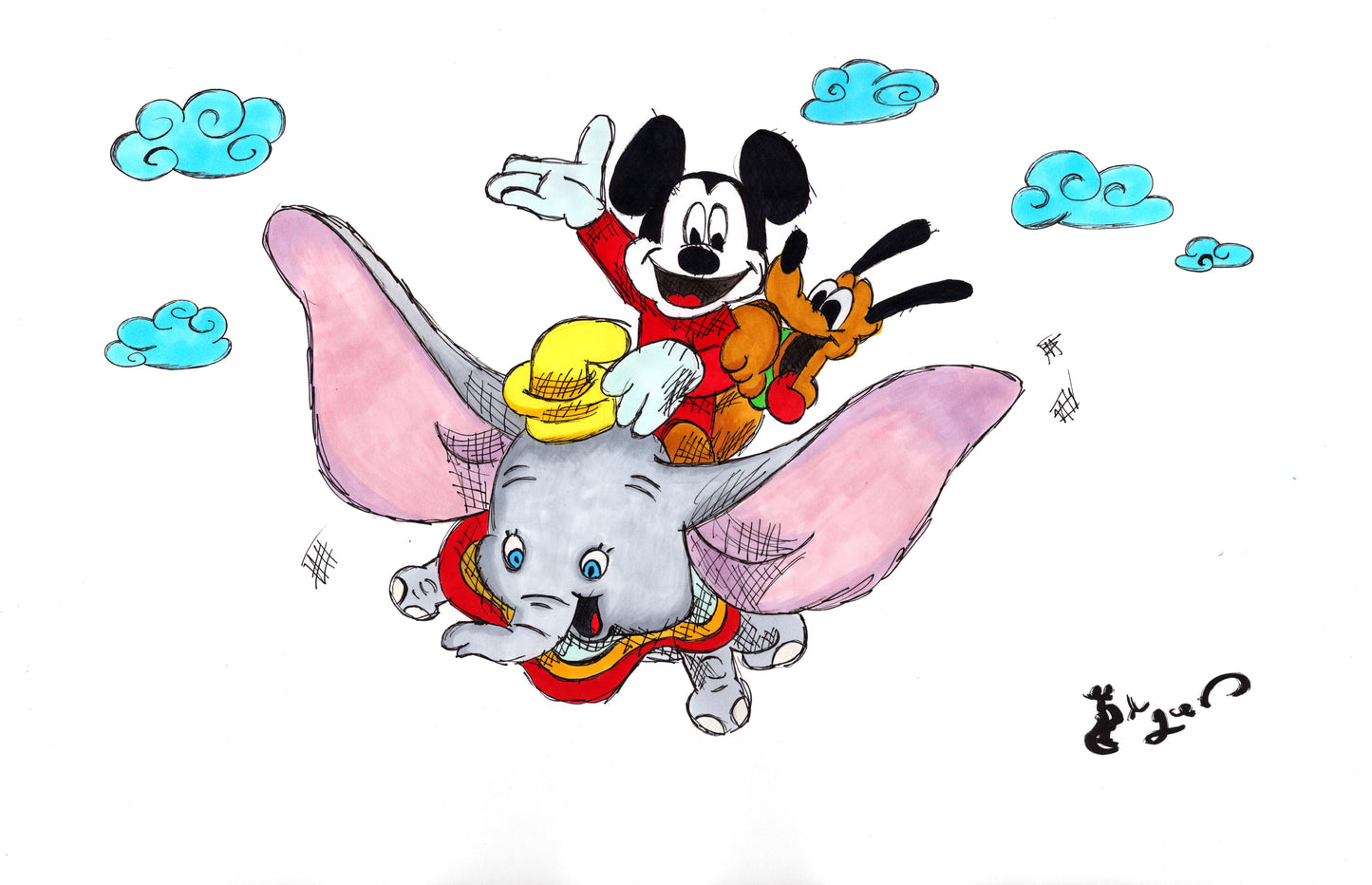 Mickey and Pluto Riding Dumbo 11x17 Character Drawing