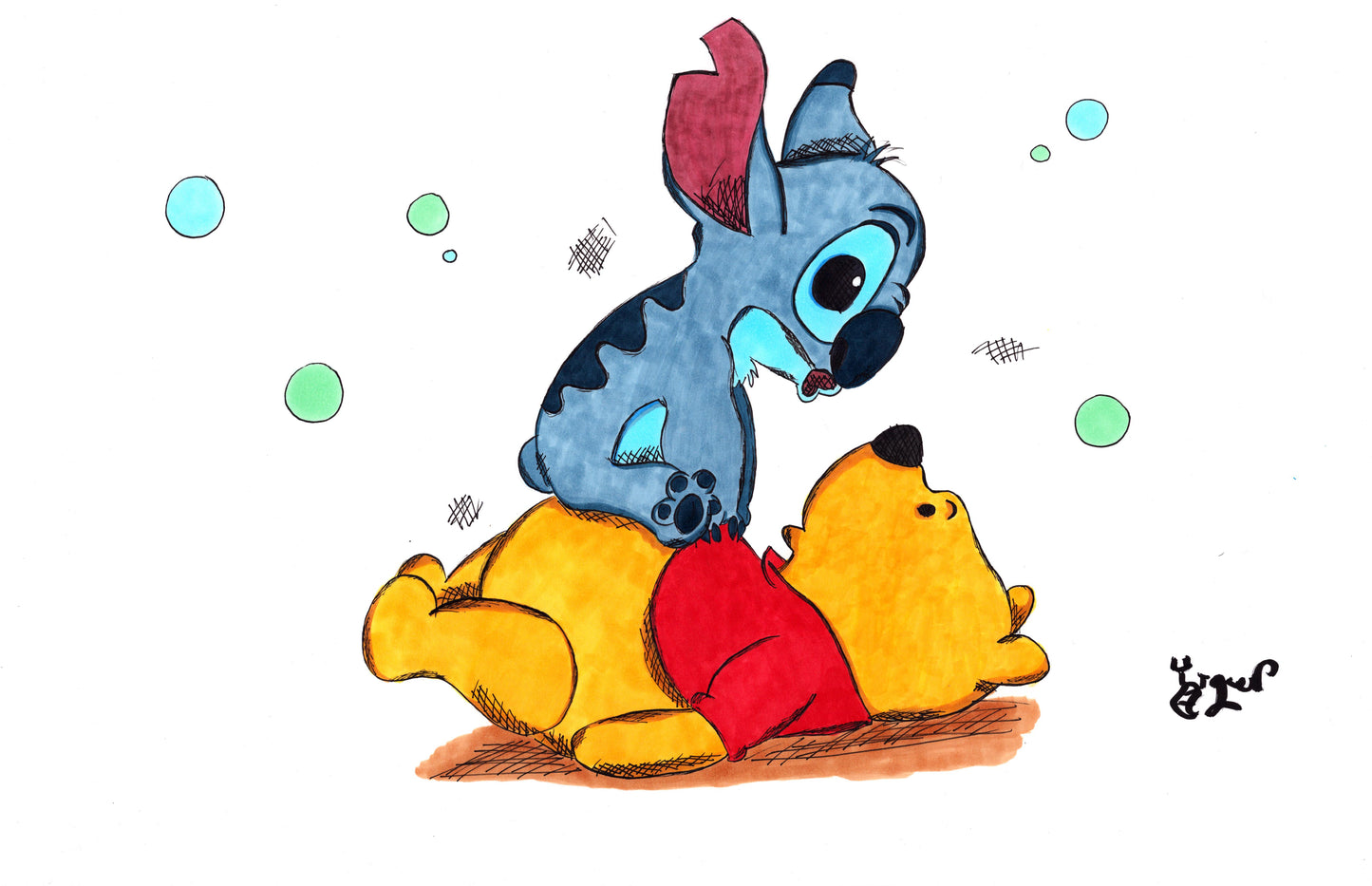 Stitch and Pooh 11x17 Character Drawing