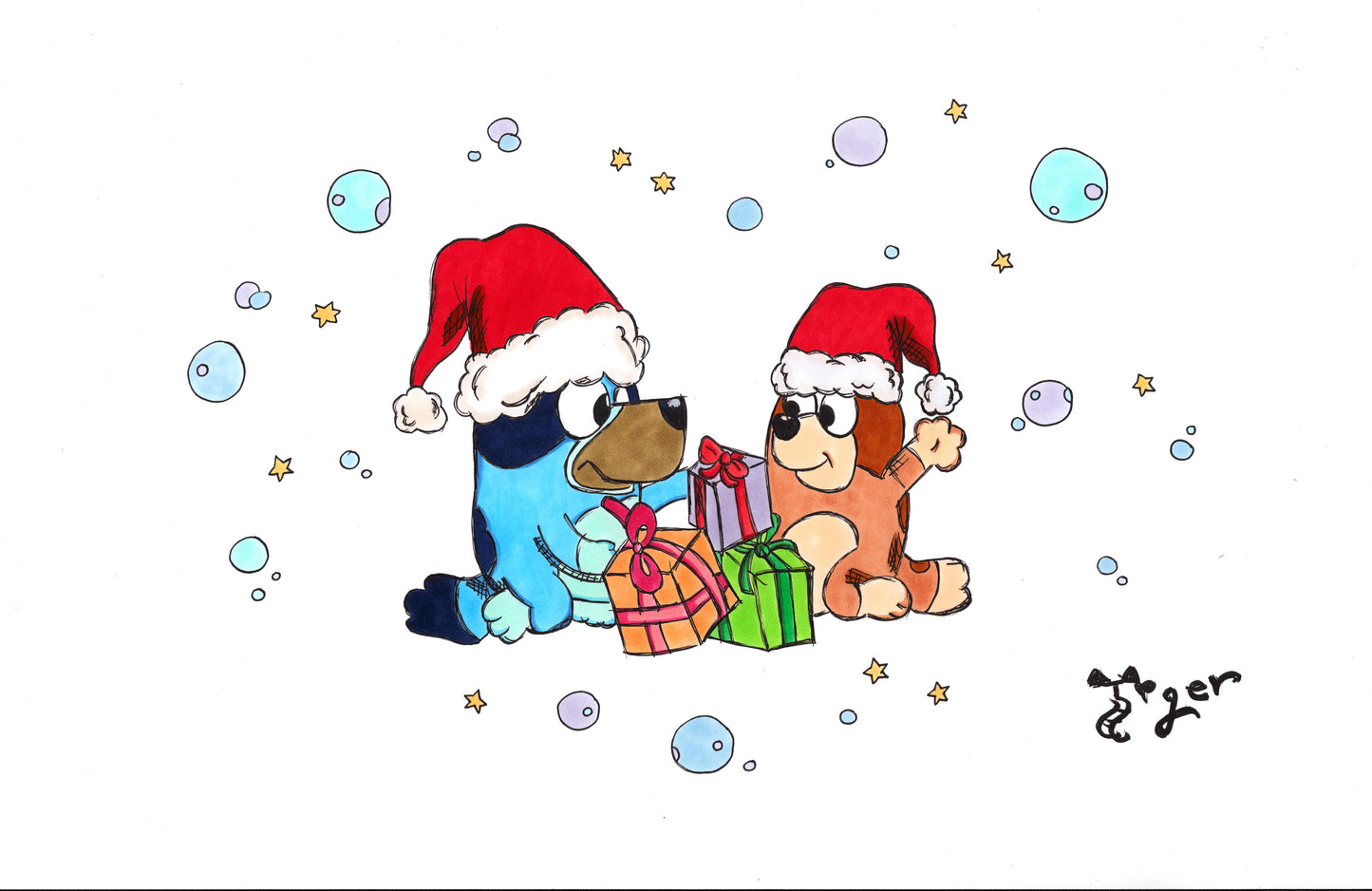 Bluey - Bluey and Bingo Christmas 11x17 Character Drawing