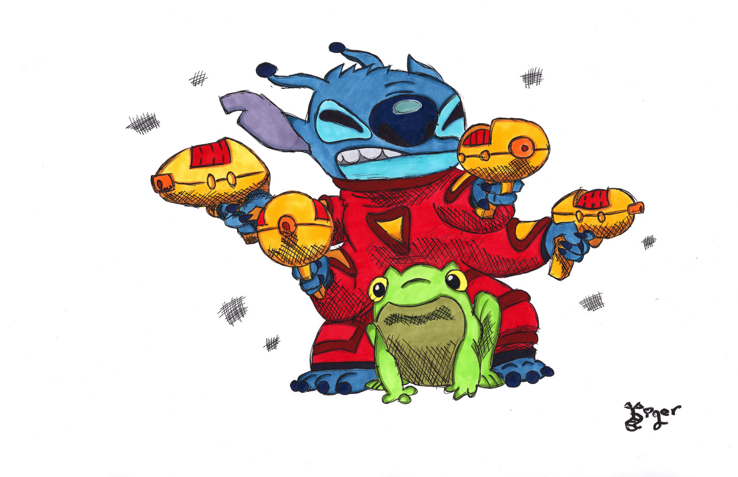 Ray Gun Stitch & Frog 11x17 Character Drawing