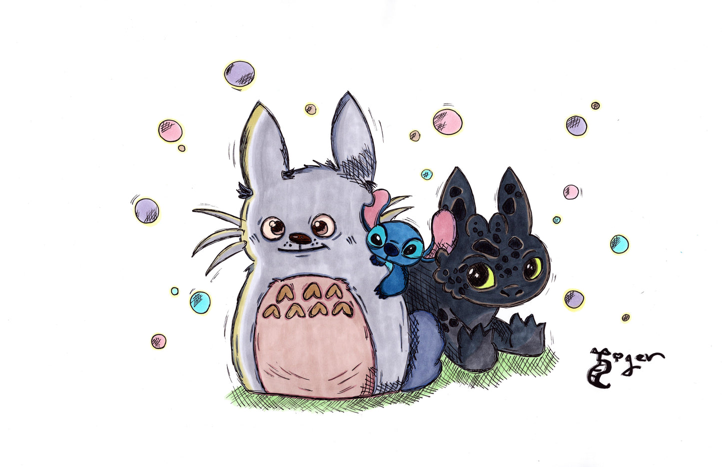 Totoro, Stitch and Toothless 11x17 Character Drawing