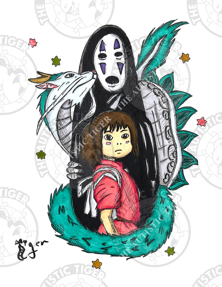 Art Print - N61 No Face, Chihiro Ogino and Haku Dragon - Spirited Away Ghibli
