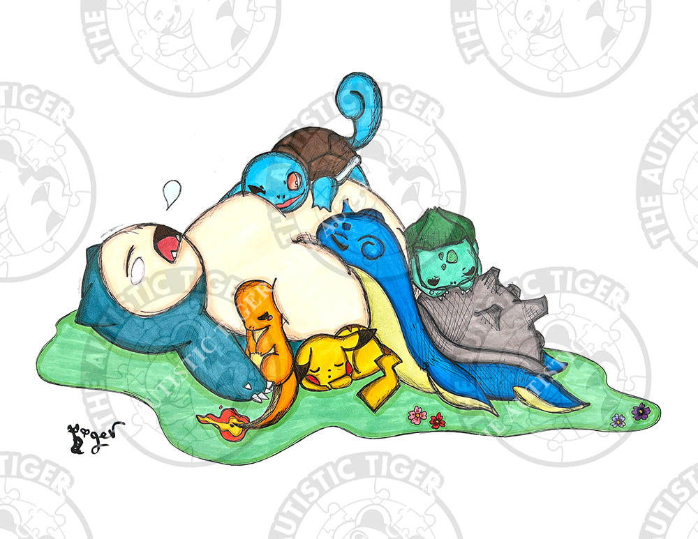 Art Print - N68 Sleeping Snorlax and Friends - Pokemon