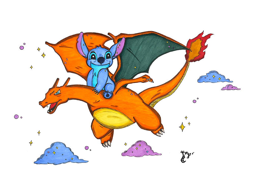 Art Print - PK08 Stitch Rides Charizard - Pokemon