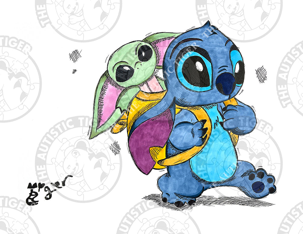 Art Print - S12 Stitch, Baby Yoda, Backpack - Lilo and Stitch