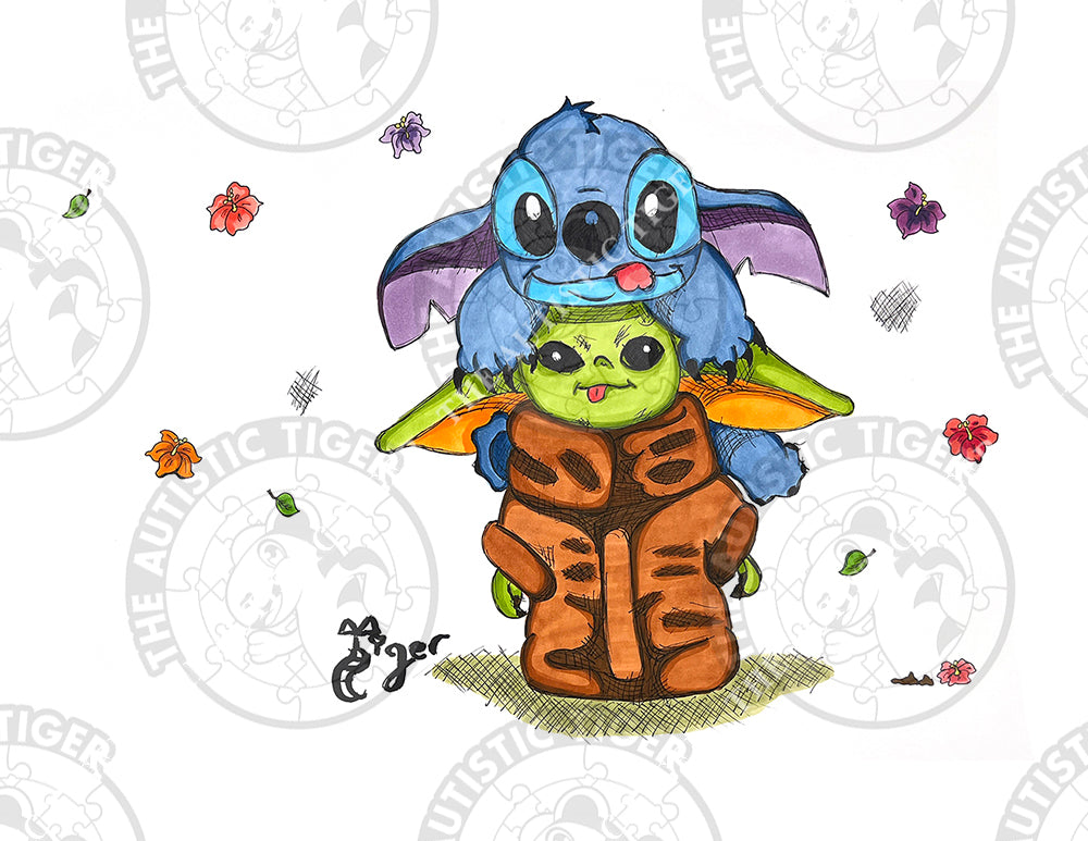 Art Print - S13 Stitch on Baby Yoda - Lilo and Stitch