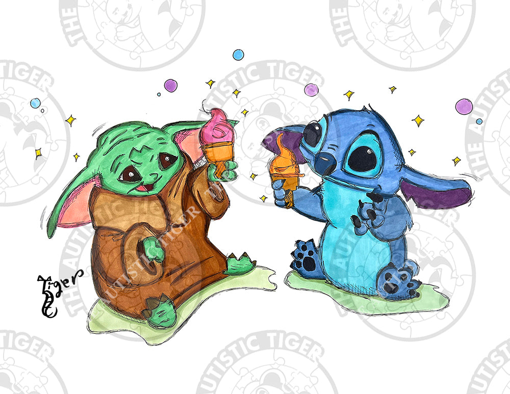 Art Print - S14 Stitch, Baby Yoda, Ice Cream - Lilo and Stitch