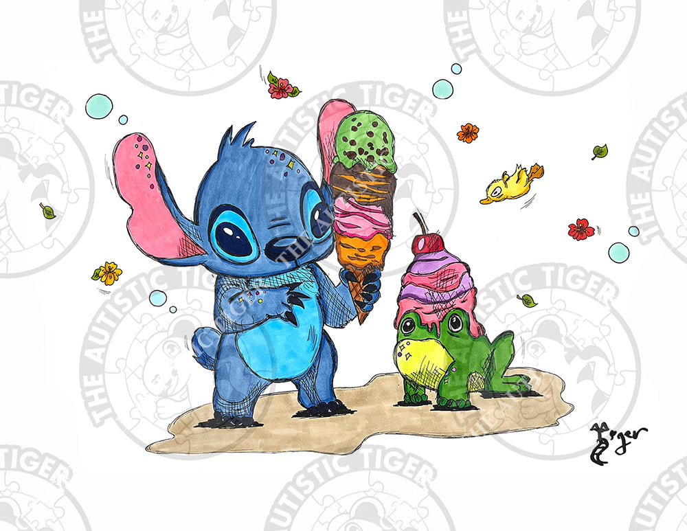 Art Print - S20 Stitch, Frog and Ice Cream - Lilo and Stitch