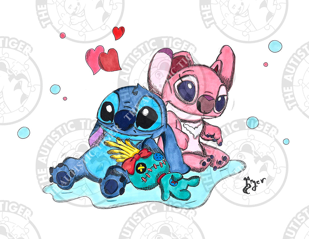 Art Print - S2 Angel, Stitch and Scrump - Lilo and Stitch