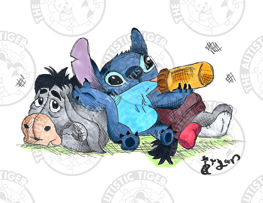 Art Print - S9 Stitch, Eeyore and Baby Bottle - Lilo and Stitch
