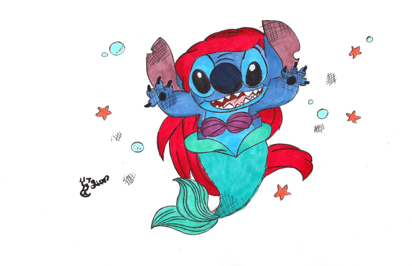 Little Mermaid Stitch 11x17 Character Drawing