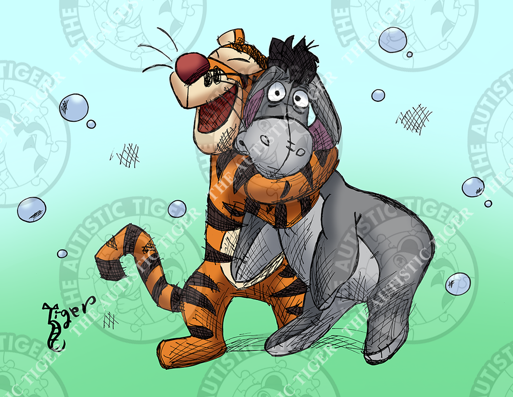 Art Print - W11 Tigger Hugs Eeyore w/ Color Background - Winnie the Pooh DIsney