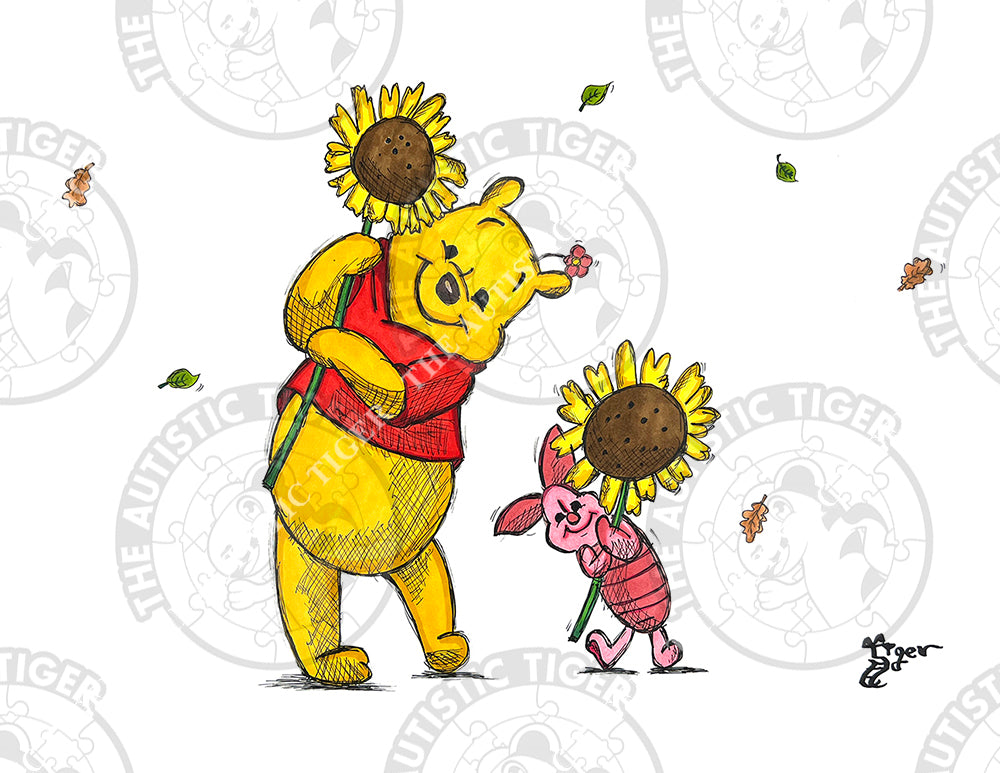 Art Print - W8 Pooh and Piglet with Sunflowers - Winnie the Pooh DIsney
