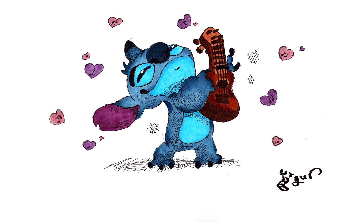 Stitch With Guitar 11x17 Character Drawing