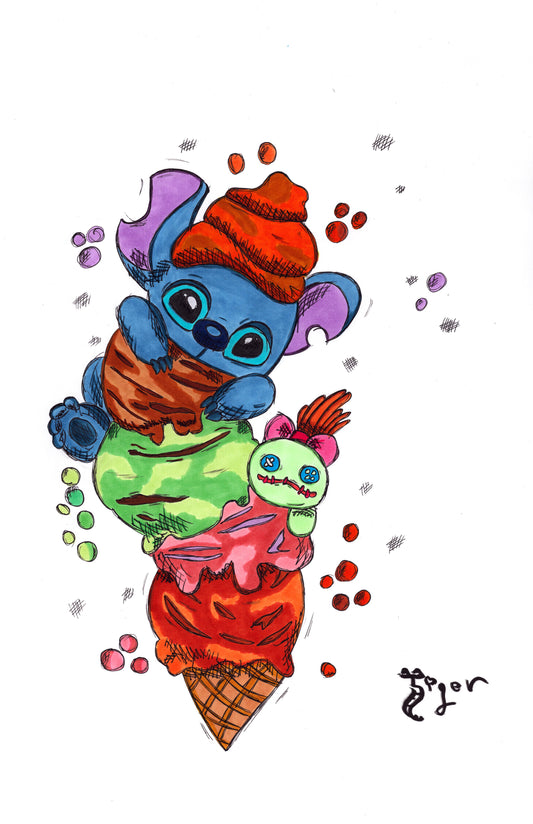 Stitch and Huge Ice Cream Cone 11x17 Character Drawing