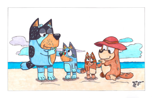 Bluey and Family at the Beach 11x17 Character Drawing