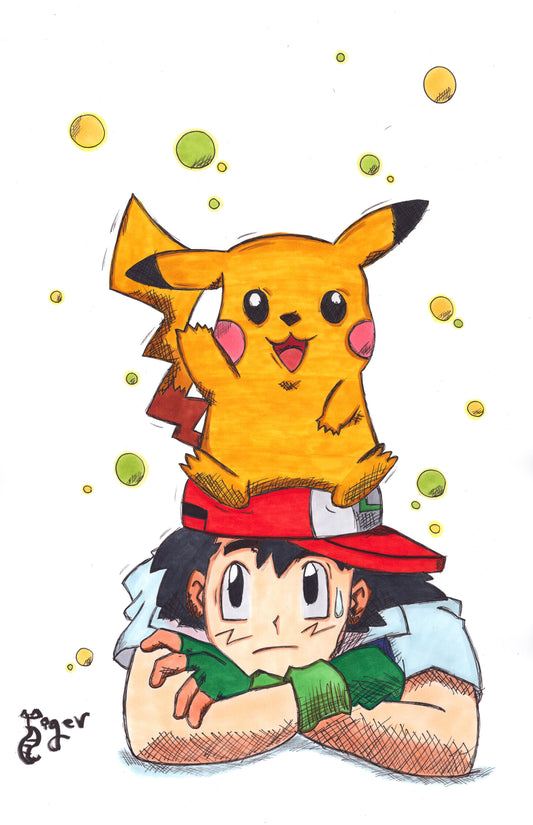 Ash and Pikachu 11x17 Character Drawing