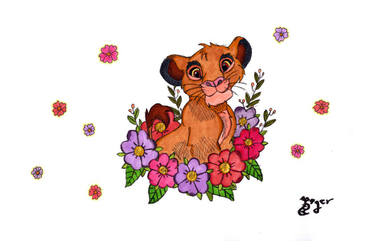 Simba and Flowers 11x17 Character Drawing