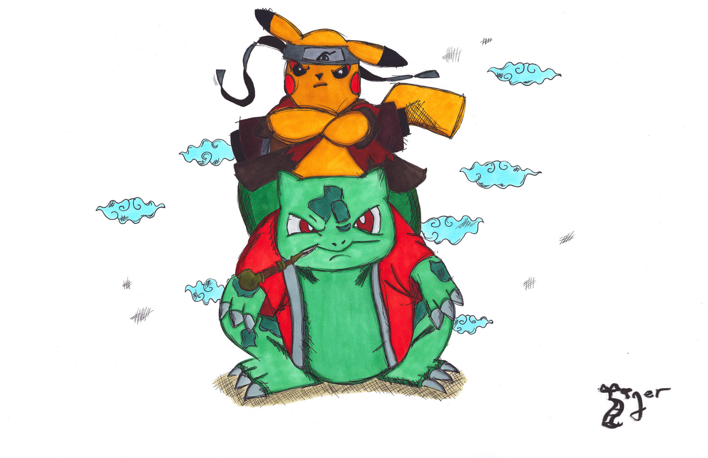 Pikachu and Bulbasaur 11x17 Character Drawing