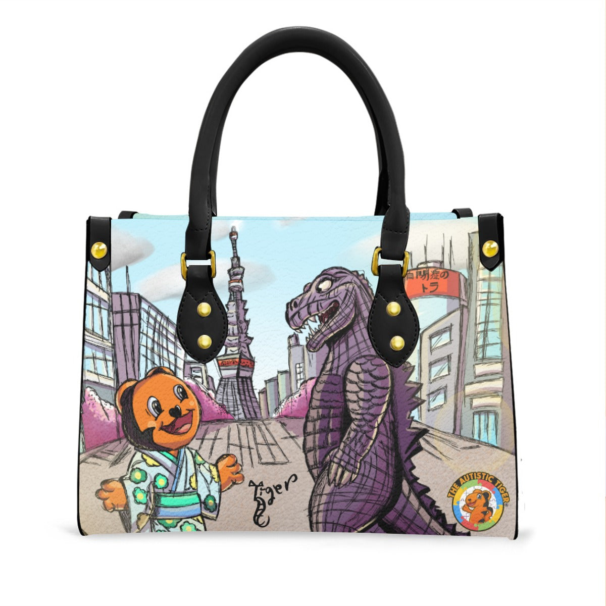 Black Handled Tote - The Autistic Tiger Tokyo - PU Leather