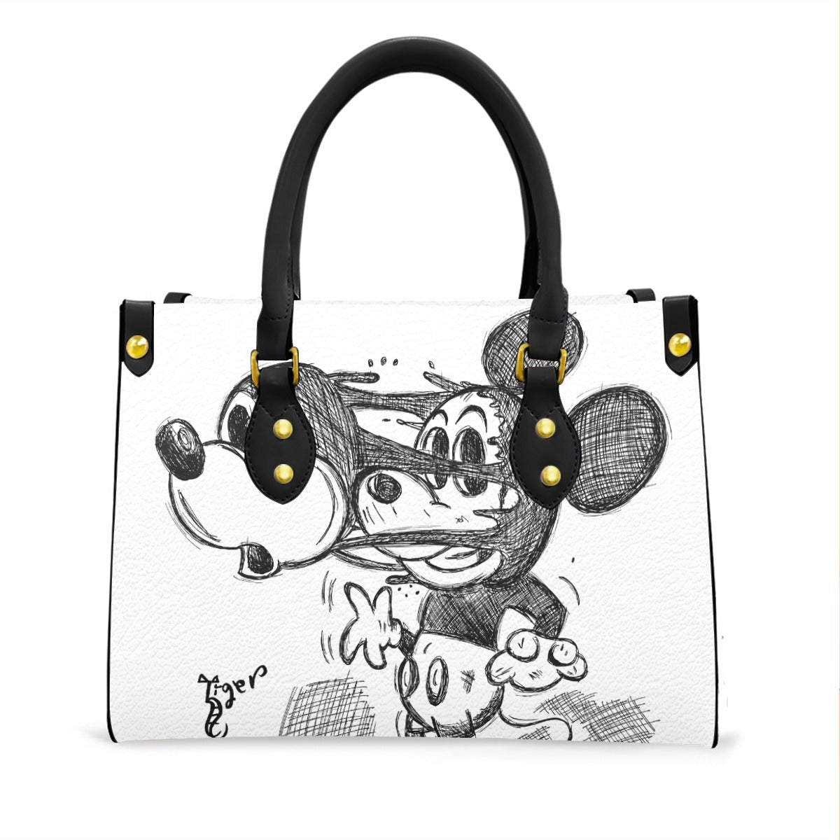 Black Handled Tote - Mickey Face Off - White PU Leather