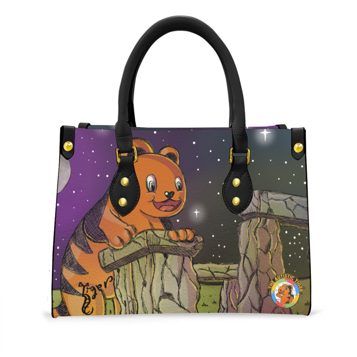 Black Handled Tote - The Autistic Tiger Stonehenge - PU Leather