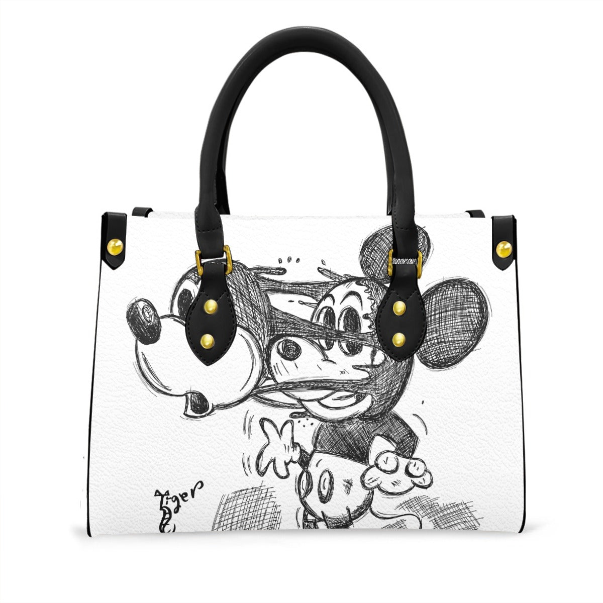 Black Handled Tote - Mickey Face Off - White PU Leather