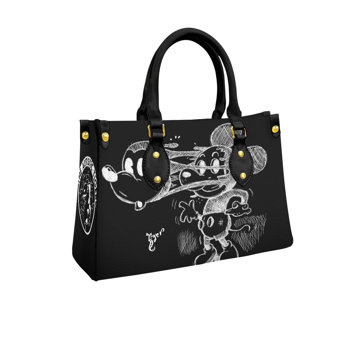 Black Handled Tote - Mickey Face Off - Black PU Leather