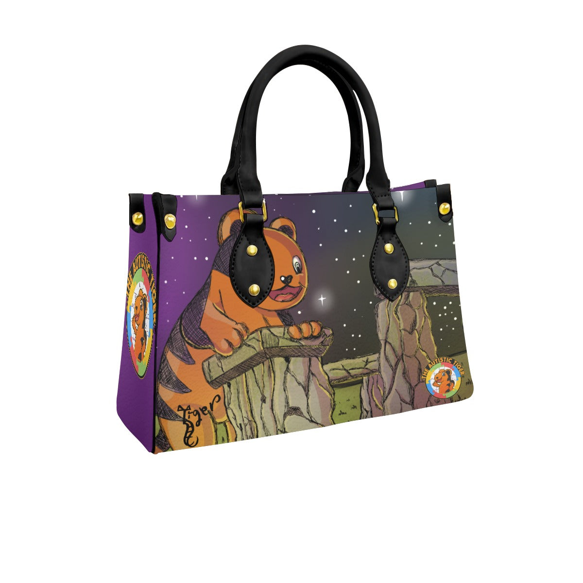 Black Handled Tote - The Autistic Tiger Stonehenge - PU Leather