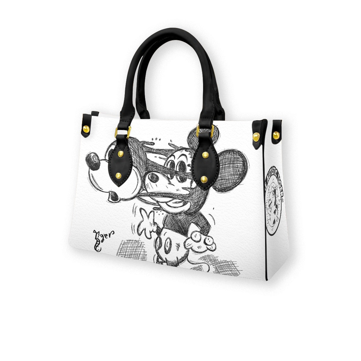 Black Handled Tote - Mickey Face Off - White PU Leather