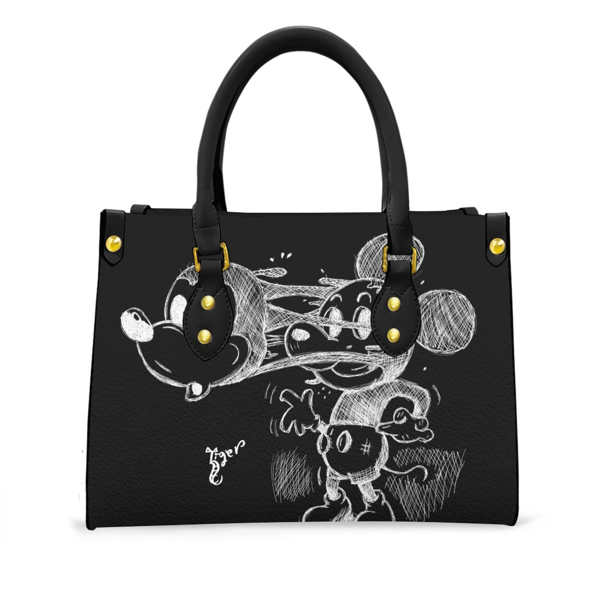 Black Handled Tote - Mickey Face Off - Black PU Leather