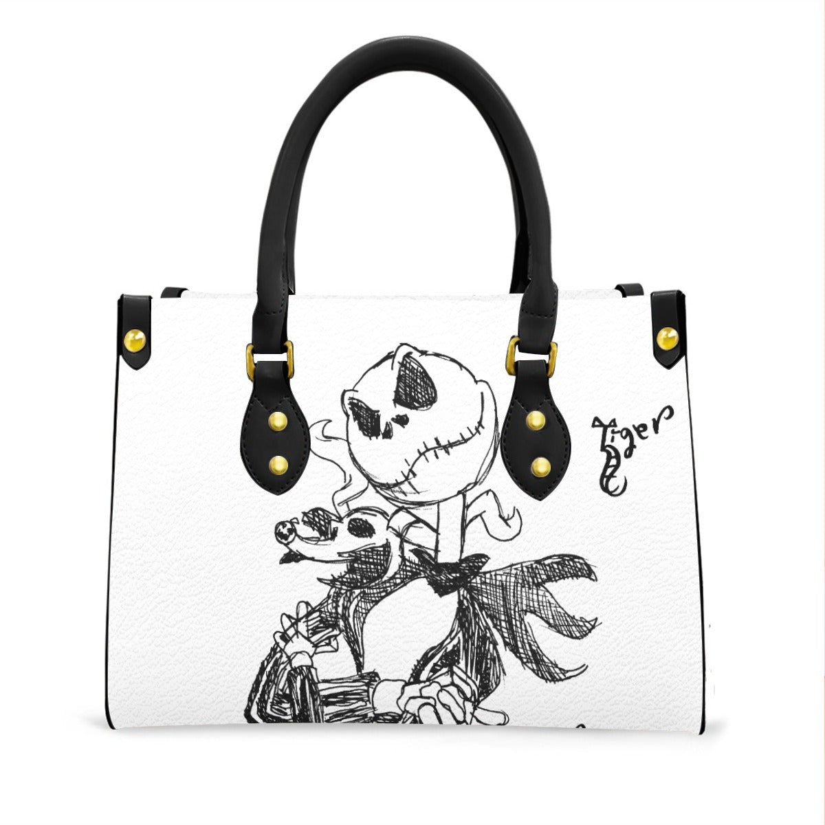 Black Handled Tote - Jack Skellington - White PU Leather