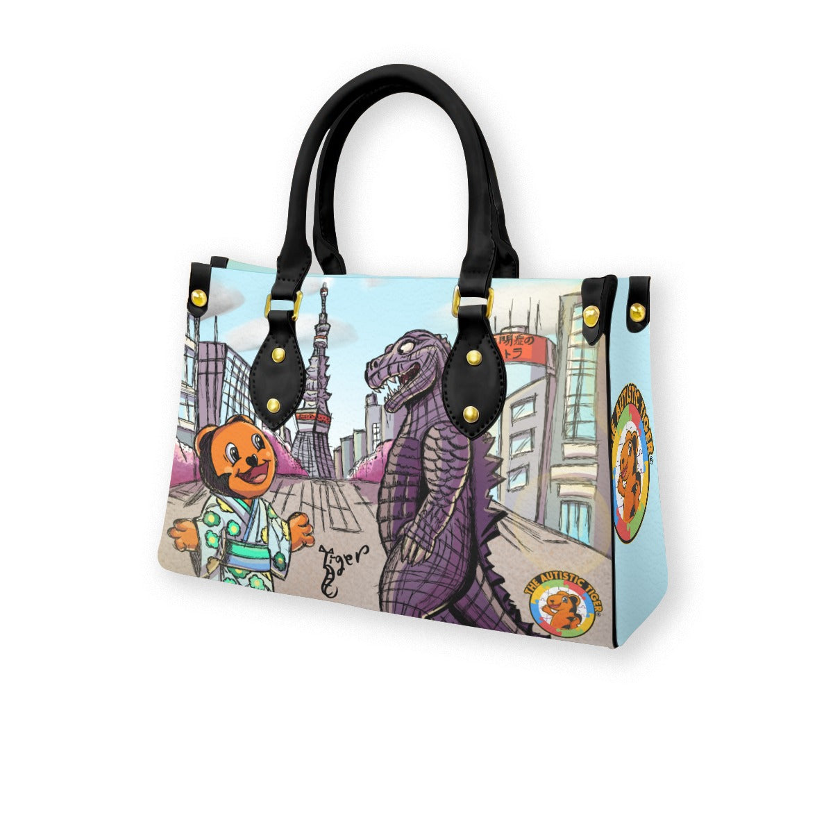 Black Handled Tote - The Autistic Tiger Tokyo - PU Leather