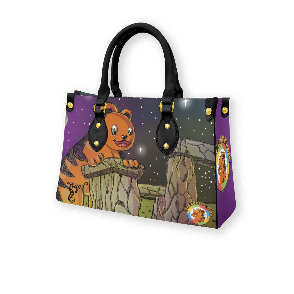 Black Handled Tote - The Autistic Tiger Stonehenge - PU Leather