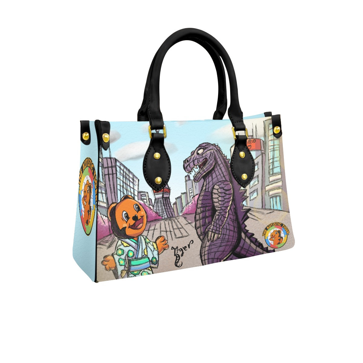 Black Handled Tote - The Autistic Tiger Tokyo - PU Leather