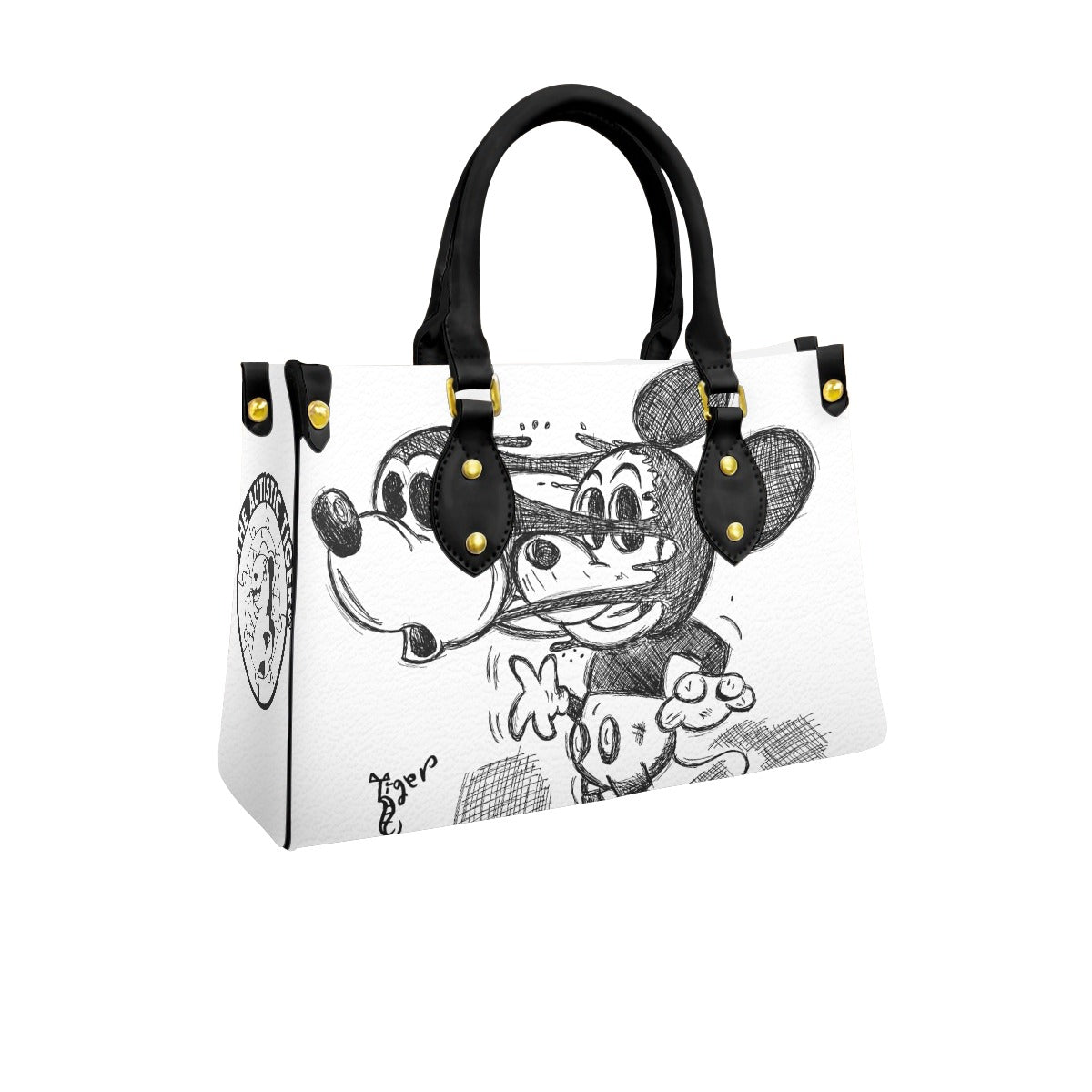 Black Handled Tote - Mickey Face Off - White PU Leather