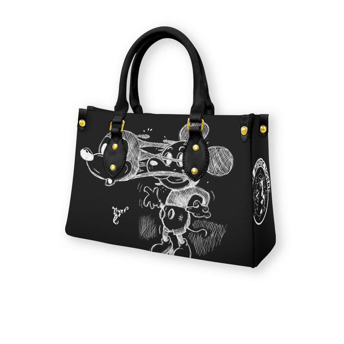 Black Handled Tote - Mickey Face Off - Black PU Leather