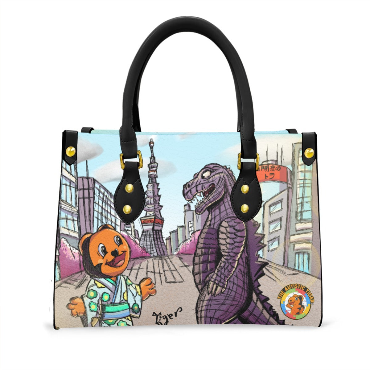 Black Handled Tote - The Autistic Tiger Tokyo - PU Leather