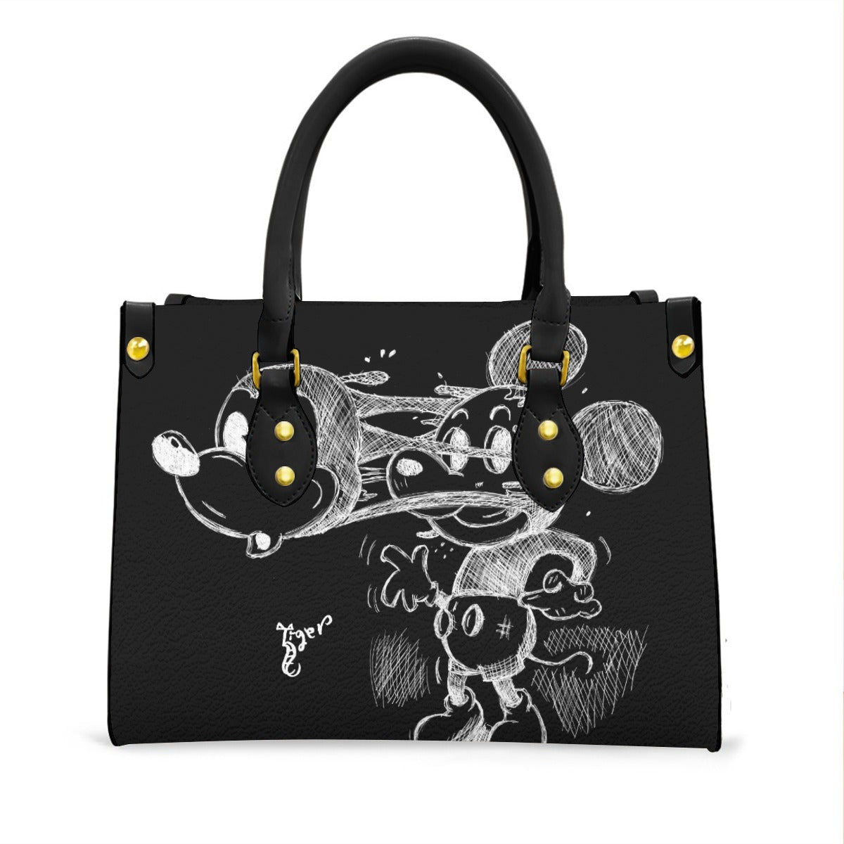 Black Handled Tote - Mickey Face Off - Black PU Leather