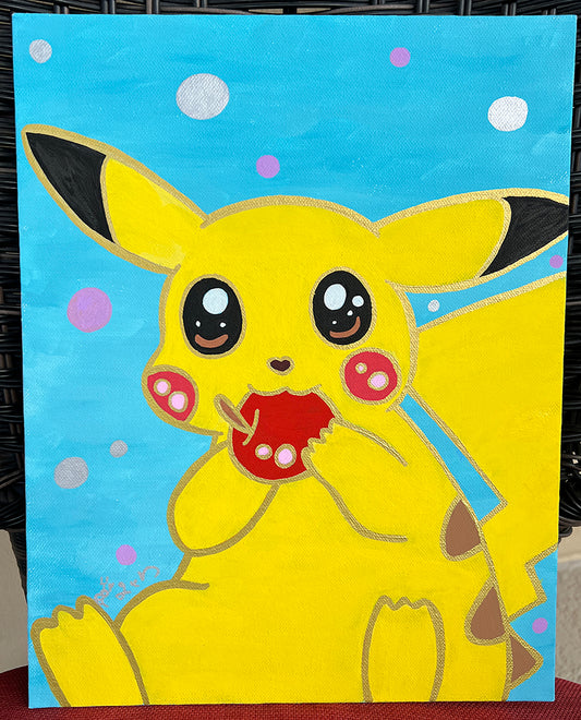 11x14 Painting of Pikachu with Apple