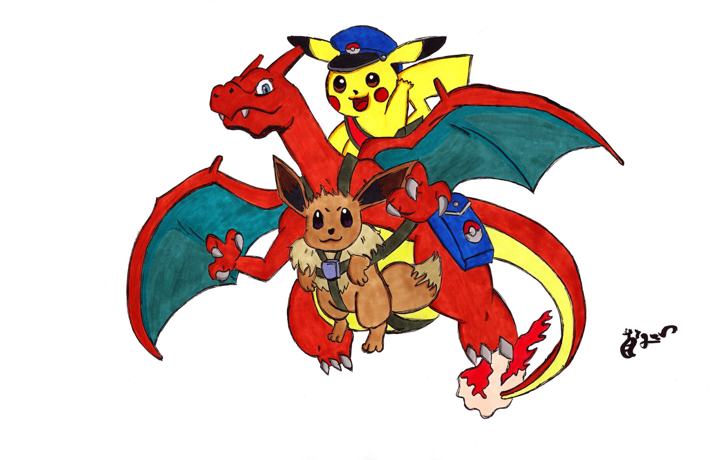 Charizard, Pikachu and Eevee - 11x17 Character Drawing