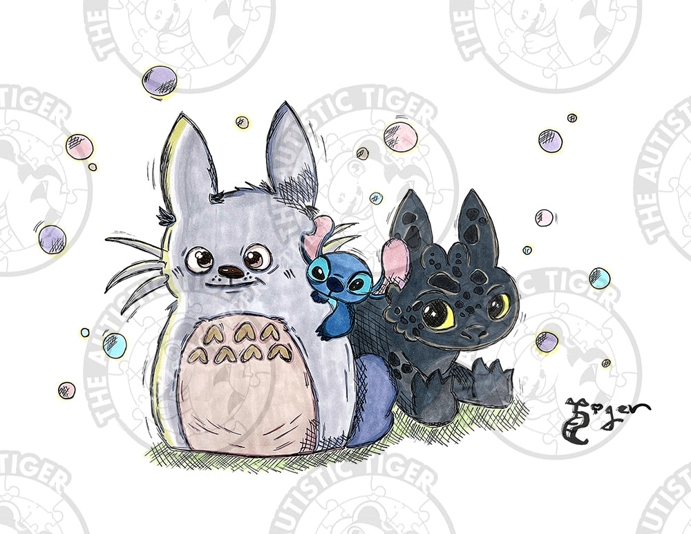 Art Print - A7 Totoro, Toothless and Stitch