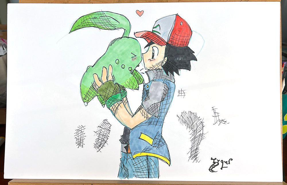 Ash and Bayleef - Pokemon - 11x17 Character Drawing