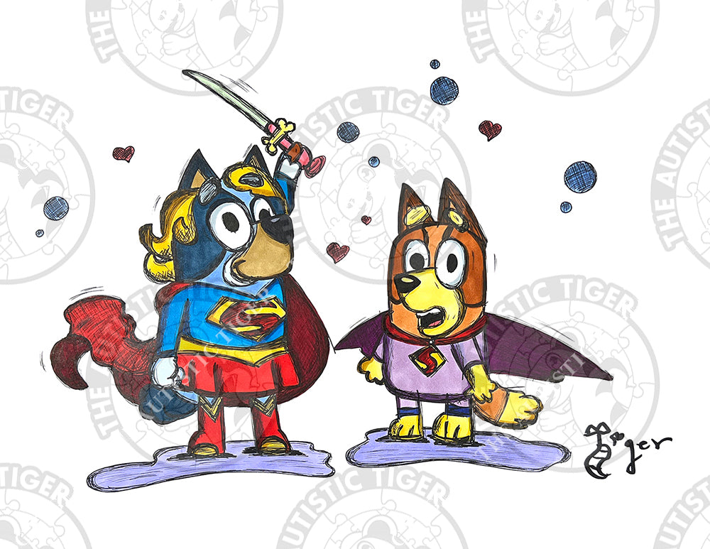 Art Print - B10 Bluey and Bingo Superhero