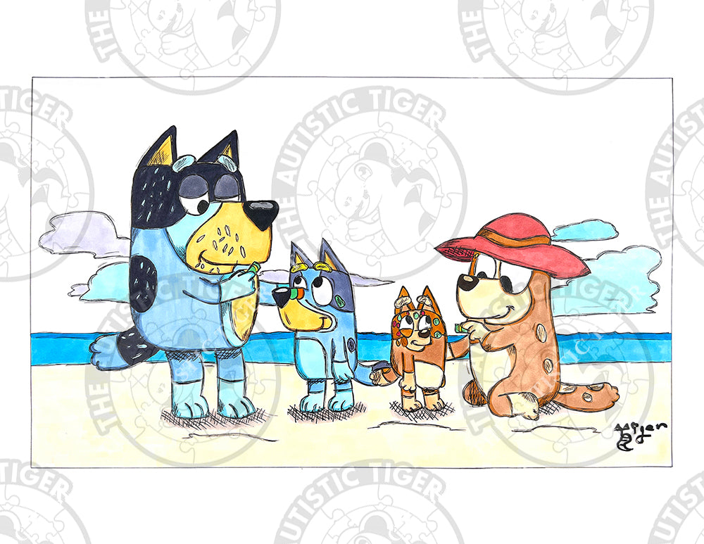 Art Print - B9 Heeler Family Beach (Bluey, Bingo, Parents)