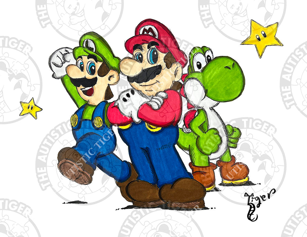 Art Print - C13 Mario, Luigi and Yoshi - Super Mario Brothers / Nintendo