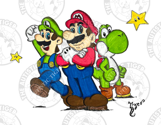 Art Print - C13 Mario, Luigi and Yoshi - Super Mario Brothers / Nintendo