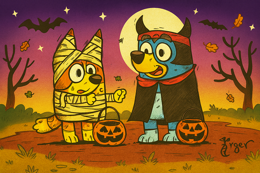 Art Print - H31 Bluey and Bingo Halloween - FULL SCENE