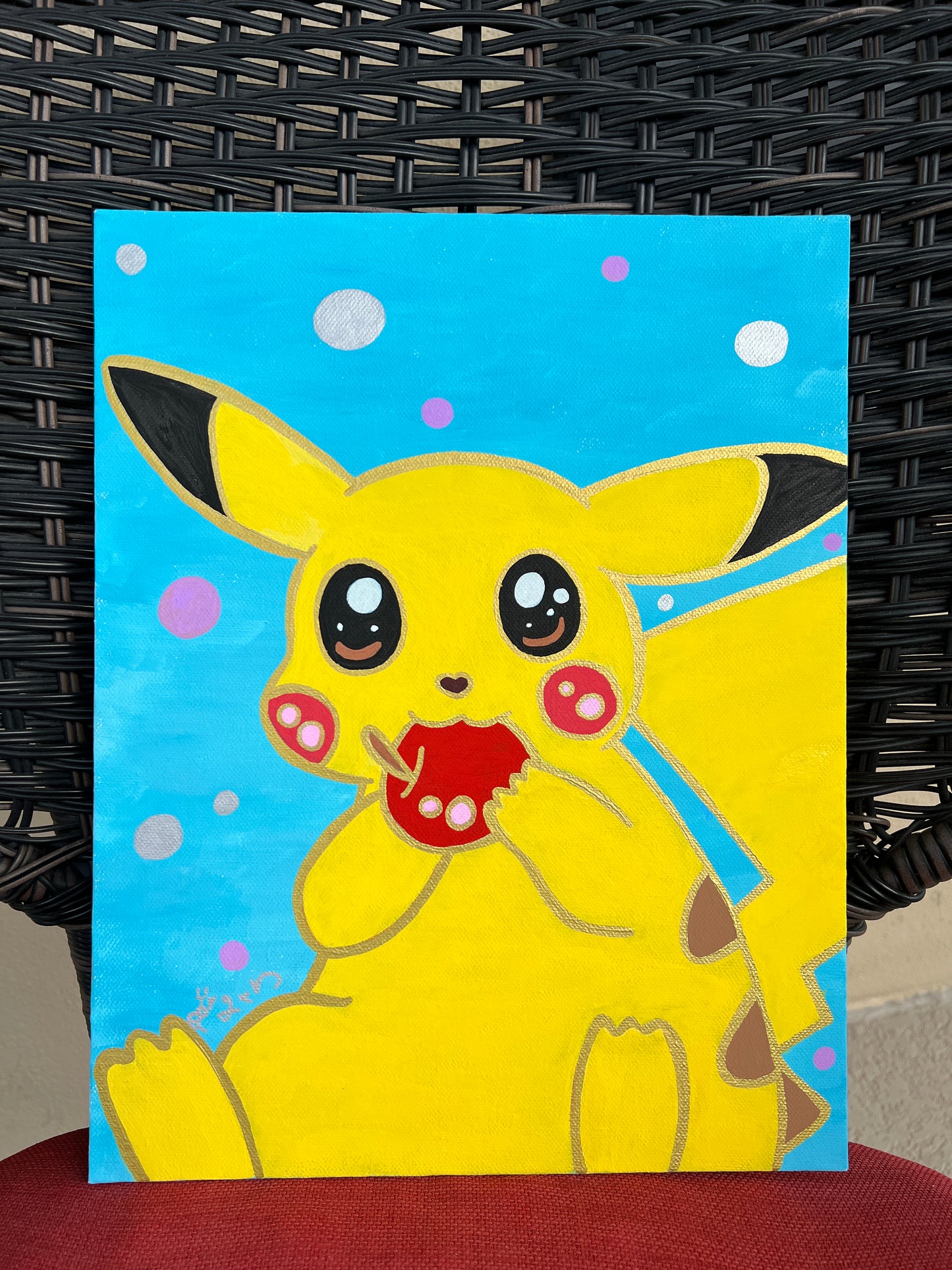 11x14 Painting of Pikachu with Apple