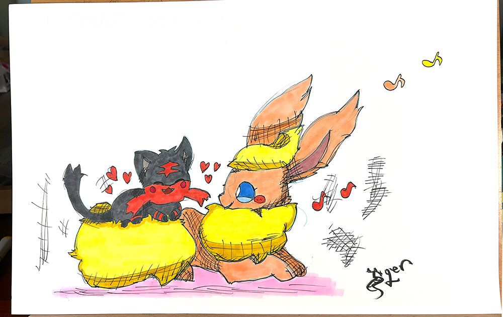 Litten and Flareon - Pokemon - 11x17 Character Drawing